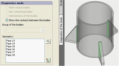 Parts in the model are joined by surface (shown green)