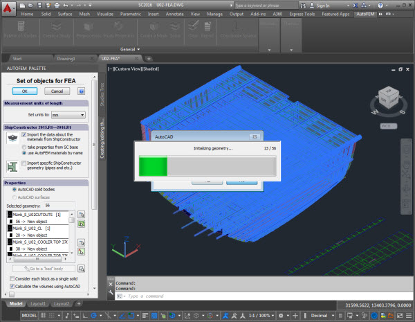 Progress bars illustrate the current state  of acquisition of the 3D model from AutoCAD