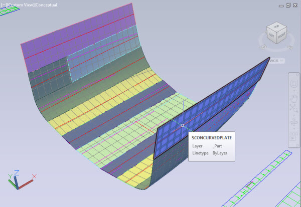 The hull of a sea vessel in the window of AutoCAD/ShipConstructor