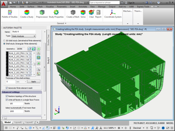 Options of the command of creating the shell finite-element study, based on facets of 3D solids