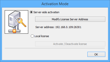 Dialogue of managing the licence type (server-side or local one) and of activation/deactivation of the licence