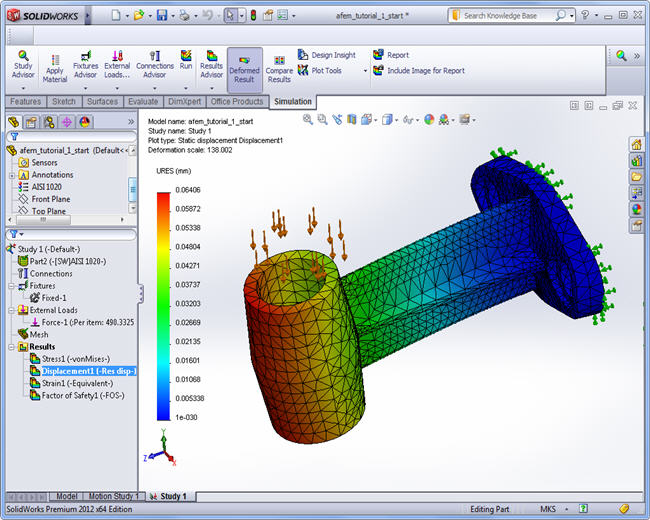 The result "Displacements" in SolidWorks Simulation