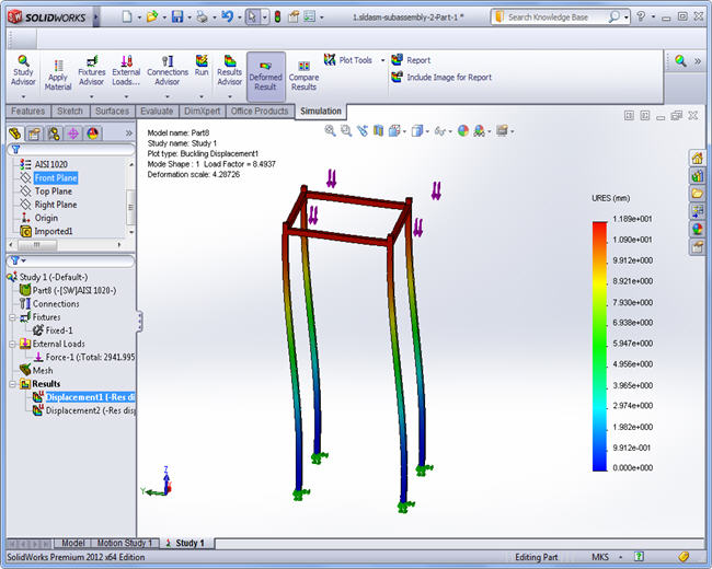First buckling mode, SolidWorks Simulation