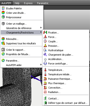 Menu des commandes de AutoFEM analyse dans l'interface d'AutoCAD